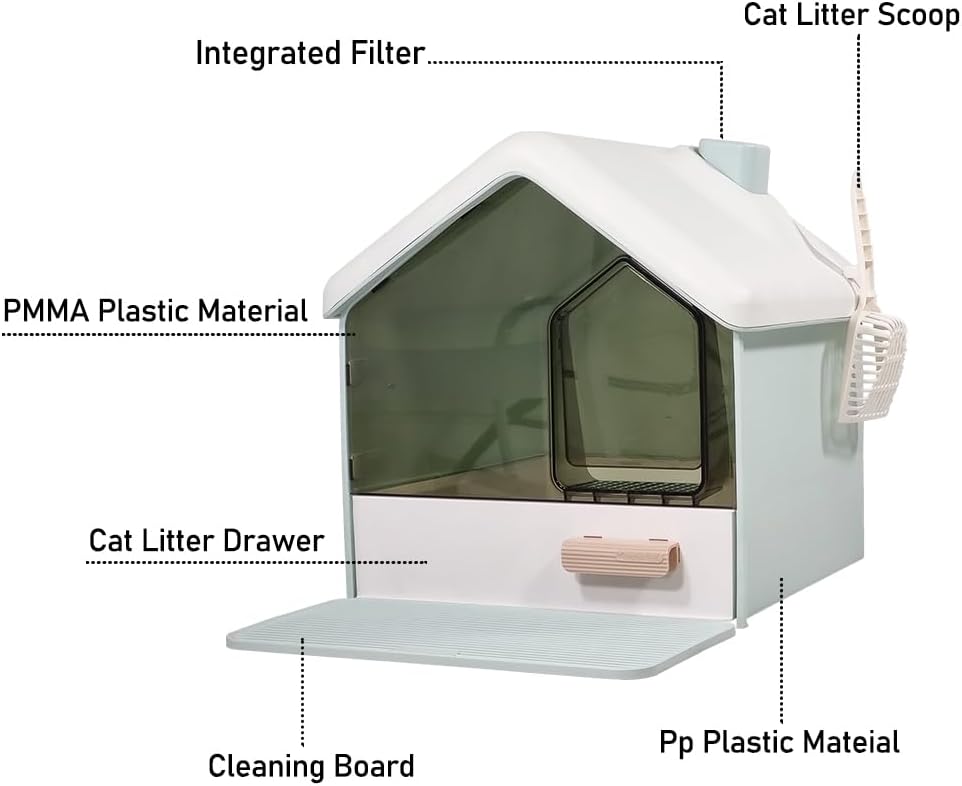 Cat Litter Box with House-Shaped Design - Drawer-Type, Transparent Door, Enclosed Cat Litter Scoop & Cleaning Mat – Splash-Proof & Odor-Control Cat Toilet Box, Easy to Clean