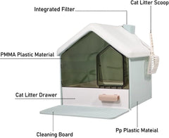 Cat Litter Box with House-Shaped Design - Drawer-Type, Transparent Door, Enclosed Cat Litter Scoop & Cleaning Mat – Splash-Proof & Odor-Control Cat Toilet Box, Easy to Clean