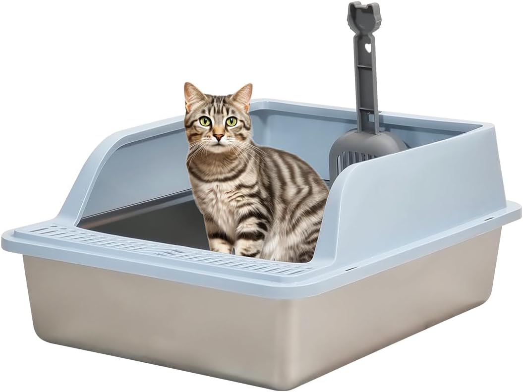 Semi-enclosed stainless steel cat litter box with a Litter scoop, Grid design, and High wall side cover, Durable litter box for Indoor cats, Detachable design for easy cleaning, 50 cm