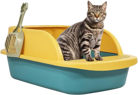 Semi-enclosed cat litter box for medium to large cats, Splash-proof cat toilet with Raise fence, Sand filter pedal, Litter scoop, and Detachable design, Ideal for indoor/outdoor use 59 cm