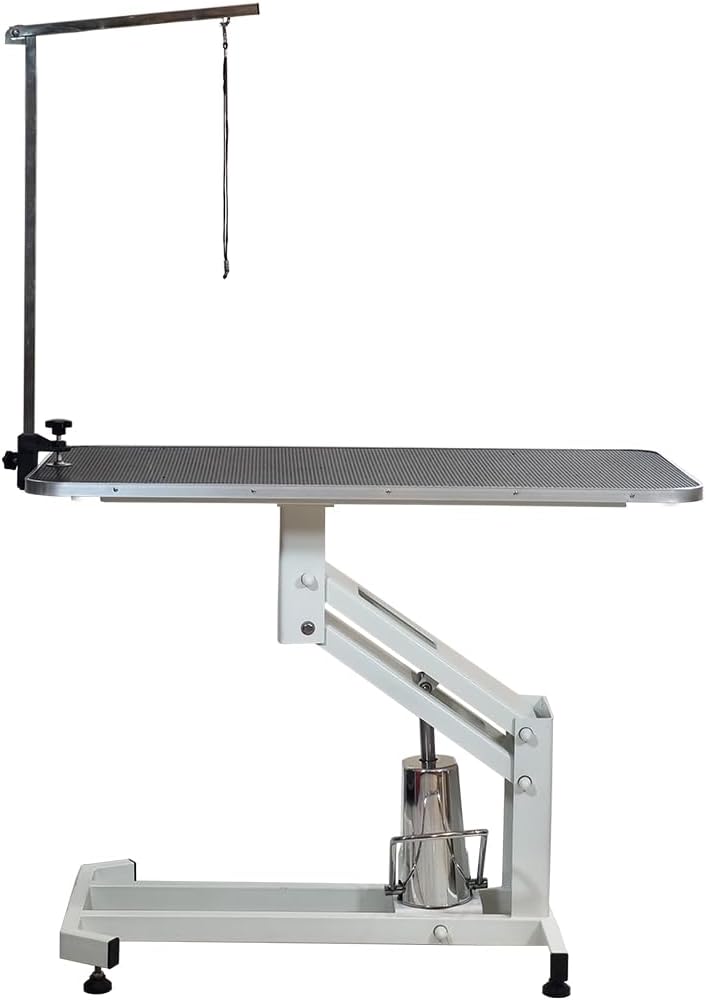 Hydraulic Pet Grooming Table with Pump, Foot lift, and Adjustable feet, Dog grooming table with Adjustable Arm & Secure clamp, Anti-slip Surface and Heavy Duty for all size breeds, 170 cm (White)