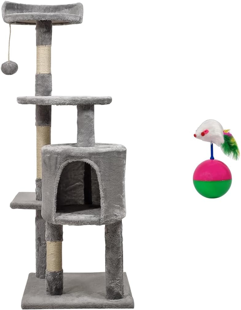 Cat tree activity center for Indoor cats, Multi-level cat tree with Mouse tumbler toy, Top perch, Dangling ball, Sisal scratching post, and Cozy cat condo, Easy to assemble 112 cm (Grey)