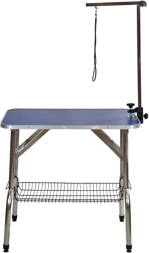 Foldable Pet Grooming Table with Non-slip surface, Folding crossbeams, and Portable, Beauty station for small to medium pet, Space saving design, Storage Basket, Adjustable Arm & Noose, 145 cm (Blue)