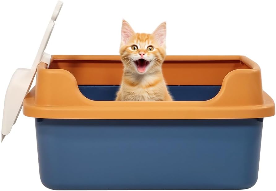 Semi-enclosed cat litter box with Low entrance, Raised fence, Portable handle, and Litter scoop, Durable plastic cat toilet prevents splashing, Ideal for indoor cats & kittens 48 cm (Blue)
