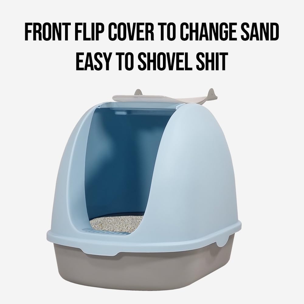 Fully-enclosed cat litter box with Portable handel, Flip cover entrance, Litter scoop, and Detachable design, Durable plastic cat toilet, Ideal for indoor/outdoor use, Easy to clean 38 cm