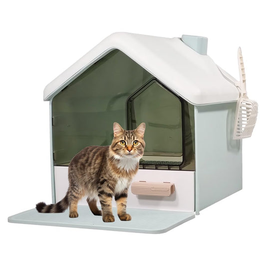 House-shaped cat litter box with Transparent Door, Drawer-Type, Mat, and Litter scoop, Durable plastic construction cat toilet for Indoor/Outdoor use, Easy to clean, 50 cm (Green)