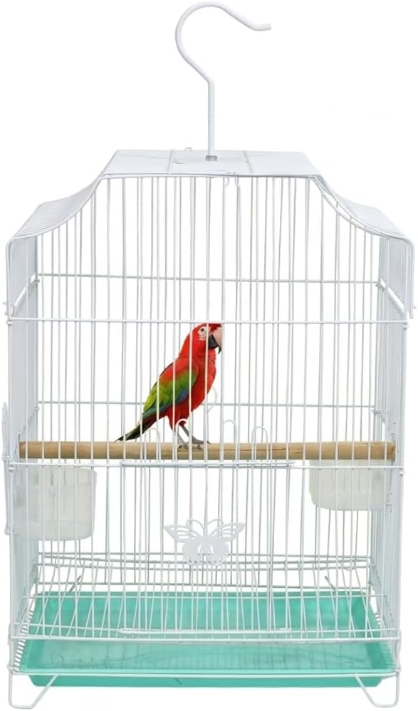 Small Bird Cage with Metal Wire, Ideal for Budgies, Small Parrots, and Parakeets, 45 cm Portable Cage for Indoor-Outdoor, Metal Bird Cage with Hanging, Bottom Tray, Perches, and Feeding Bowls, White