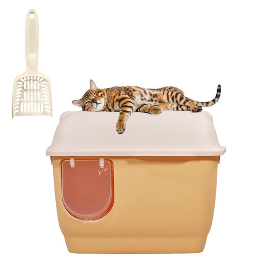 Enclosed cat litter box with Long corridor style cat litter box, Transparent door, Litter scoop, and Detachable design, Splash-proof cat toilet for Indoor/Outdoor use, 57 cm (Orange)