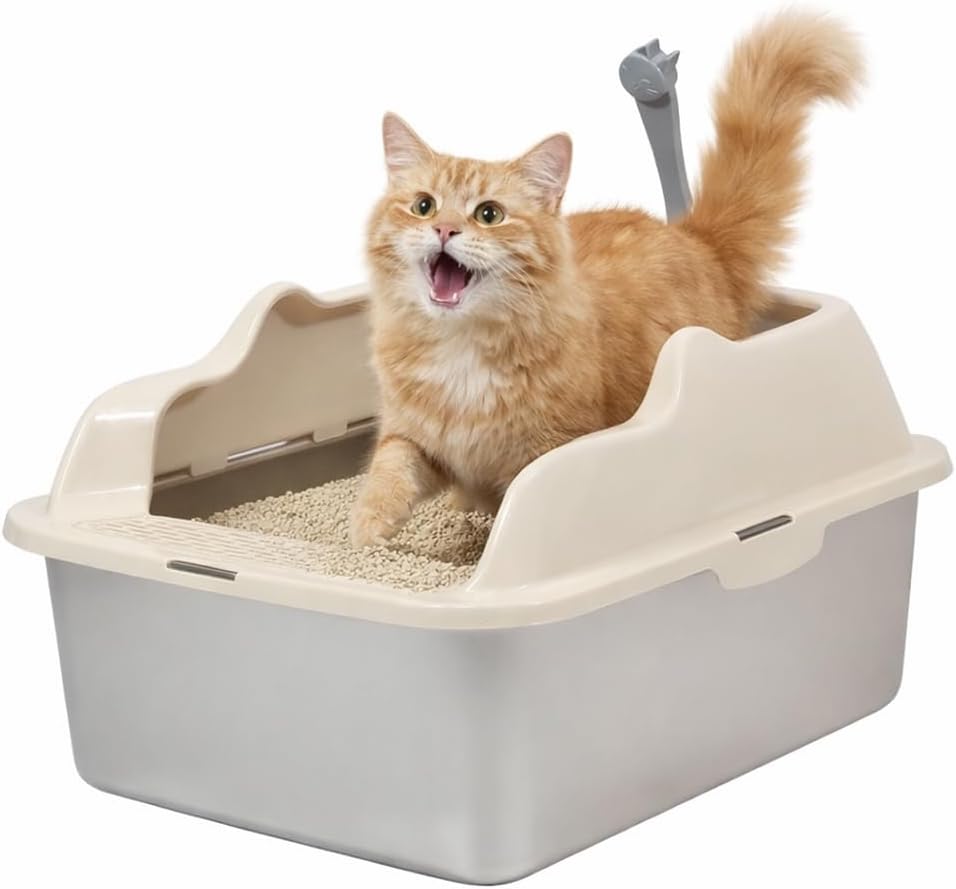 Stainless steel cat litter box with Scoop, Anti-splash design, Grid design, Non-stick, and Odor resistant, Open top kitty toilet for Indoor cats & kittens, Easy to clean