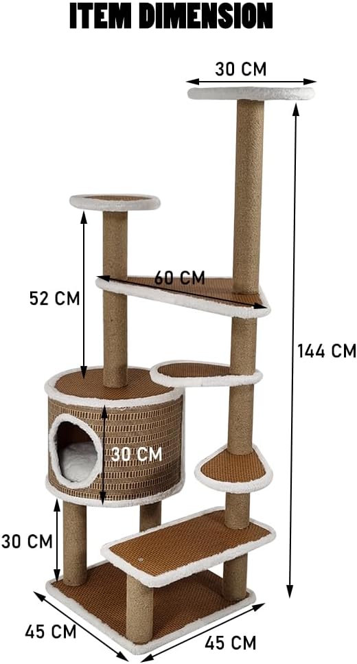 Multi-level cat tree with Double perches, Sisal scratching post, Multiple platforms, and Durable cat condo, Cat climbing tower activity center for indoor cats, Easy to assemble 144 cm (Chocolate)