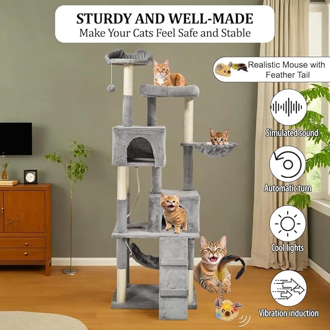 Cat Tree for Large Cats with Toy - Cat House with Padded Perch - Cozy Cat Condos & Scratching Posts - Premium Quality Multi-level Cat Tower for Indoor Cats & Kittens (Grey)