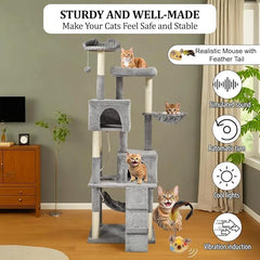 Cat Tree for Large Cats with Toy - Cat House with Padded Perch - Cozy Cat Condos & Scratching Posts - Premium Quality Multi-level Cat Tower for Indoor Cats & Kittens (Grey)