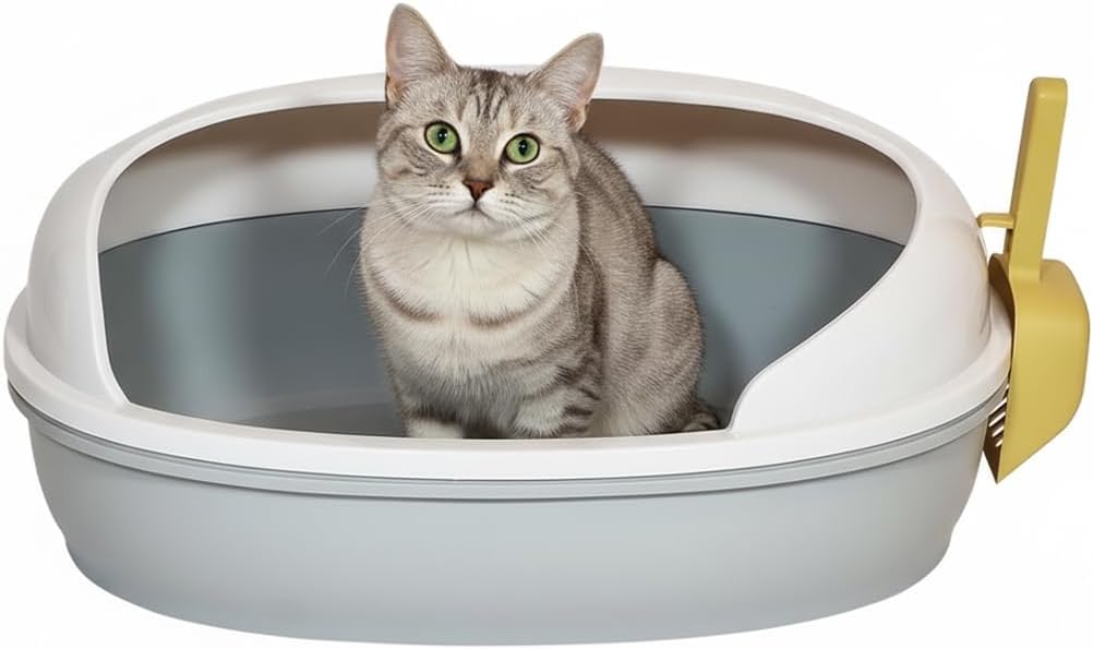 Semi open cat litter box with Durable plastic material, Splash guard, Stable base and Air ventilation design, Pet waste tray with Scoop, high fence, Indoor-outdoor use, and Detachable