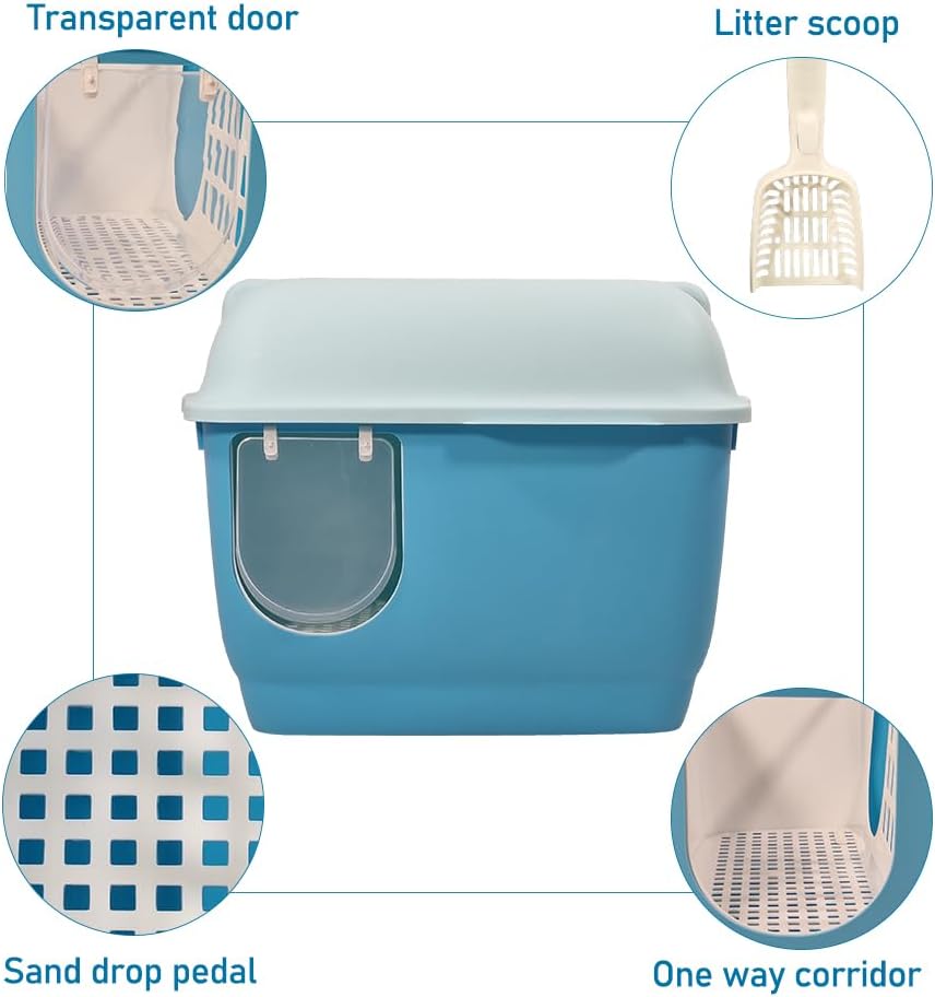 Fully-enclosed cat litter box with Corridor entry & exit, Transparent door, Litter scoop, and Open-top design, Splash-proof cat toilet for Indoor cats & kittens, Easy to clean 57 cm
