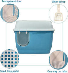 Fully-enclosed cat litter box with Corridor entry & exit, Transparent door, Litter scoop, and Open-top design, Splash-proof cat toilet for Indoor cats & kittens, Easy to clean 57 cm