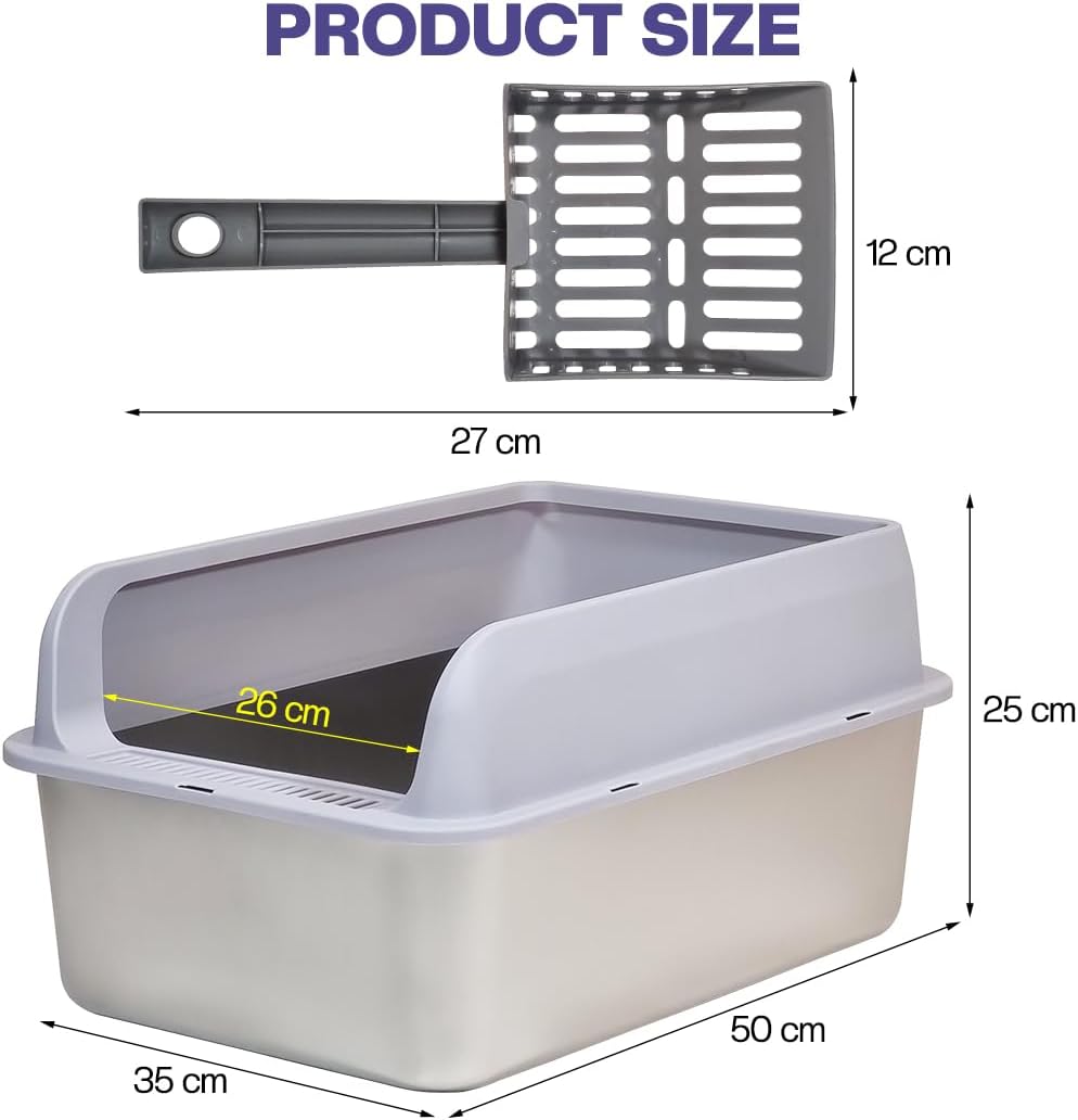 Stainless steel cat litter box with Scoop, Anti-splash design, Grid design, Non-stick, and Odor resistant, Open top kitty toilet for Indoor cats & kittens, Easy to clean