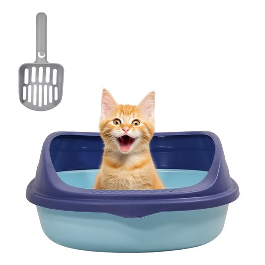 Semi-enclosed cat litter box with Leak-proof design, Litter scoop, and Detachable design, Durable plastic pet toilet for small to medium-sized cats, Easy to clean, 46 cm (Blue)