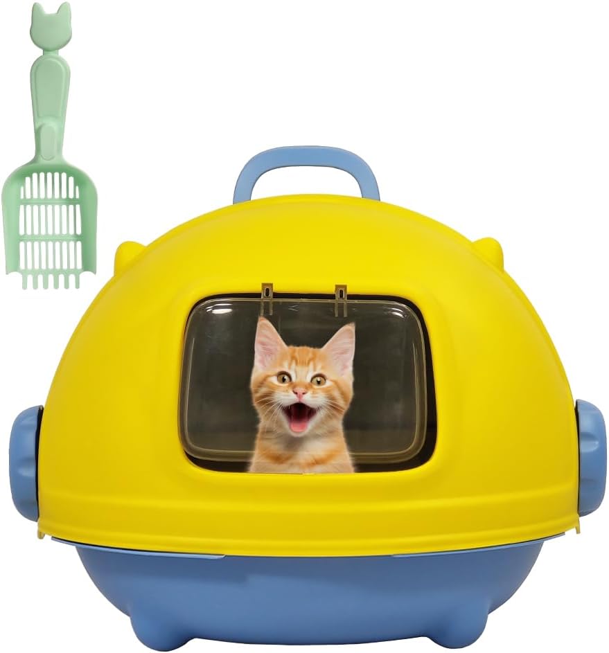 Cat Litter Box with Durable PVC Material | Fully-Enclosed Portable Handle, Transparent Door, Litter Scoop and Non-Slip Design | Splash-Proof Cat Toilet for Indoor Cats