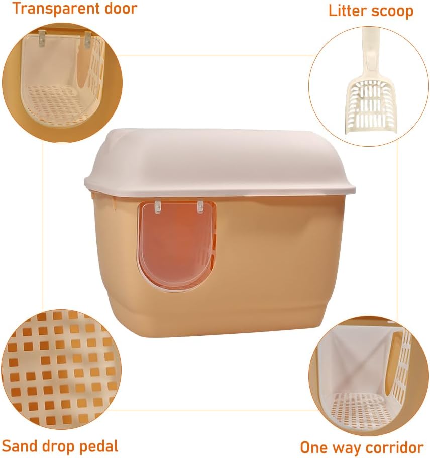 Fully-enclosed cat litter box with Corridor entry & exit, Transparent door, Litter scoop, and Open-top design, Splash-proof cat toilet for Indoor cats & kittens, Easy to clean 57 cm