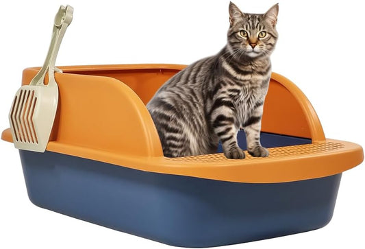 Semi-enclosed cat litter box for medium to large cats, Splash-proof cat toilet with Raise fence, Sand filter pedal, Litter scoop, and Detachable design, Ideal for indoor/outdoor use 59 cm