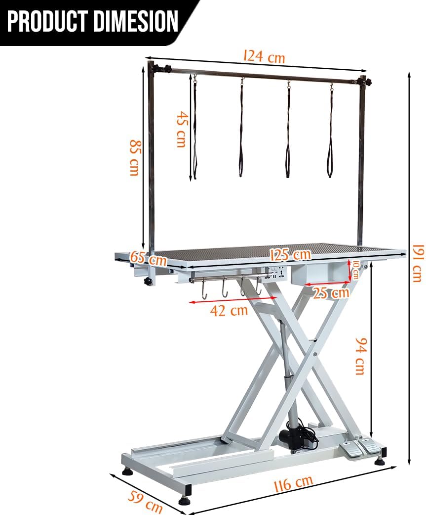 Electric Pet Grooming Table with Foot pedal, Power outlets & USB, Tool Hook and Storage, 191 cm Dog grooming station with Electric motor, Non-slip & Replaceable surface, Height adjustable (White)