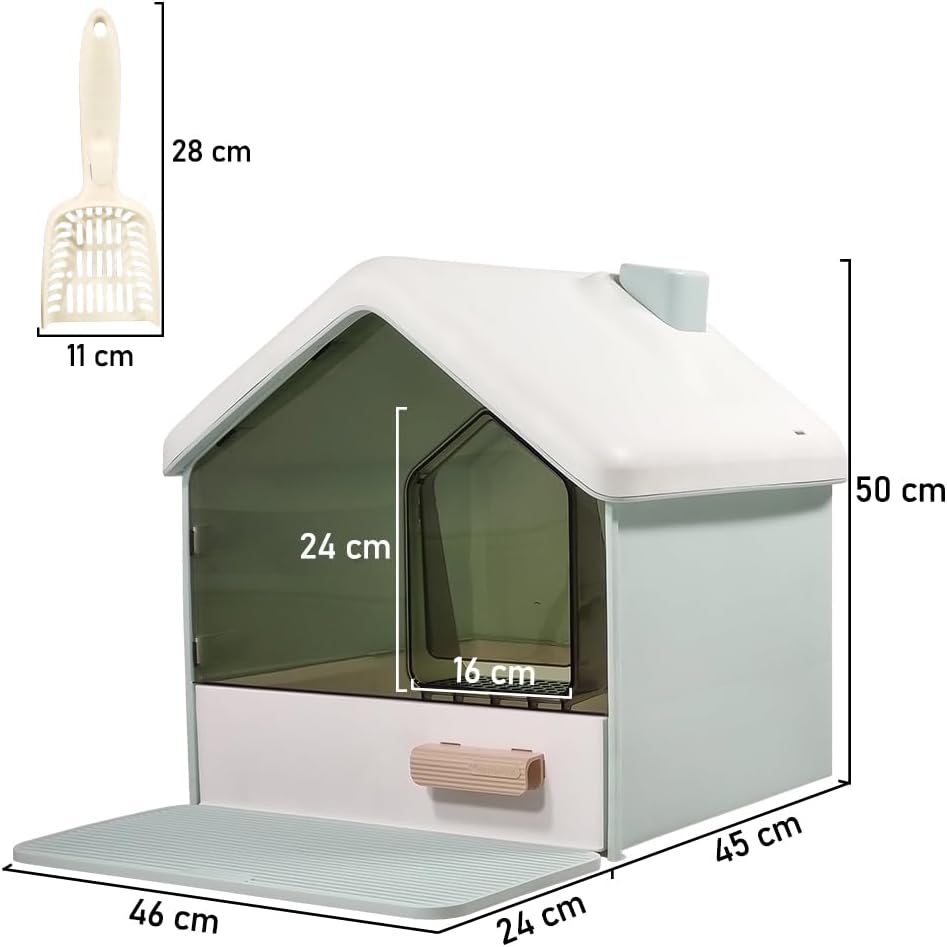 Cat Litter Box with House-Shaped Design - Drawer-Type, Transparent Door, Enclosed Cat Litter Scoop & Cleaning Mat – Splash-Proof & Odor-Control Cat Toilet Box, Easy to Clean