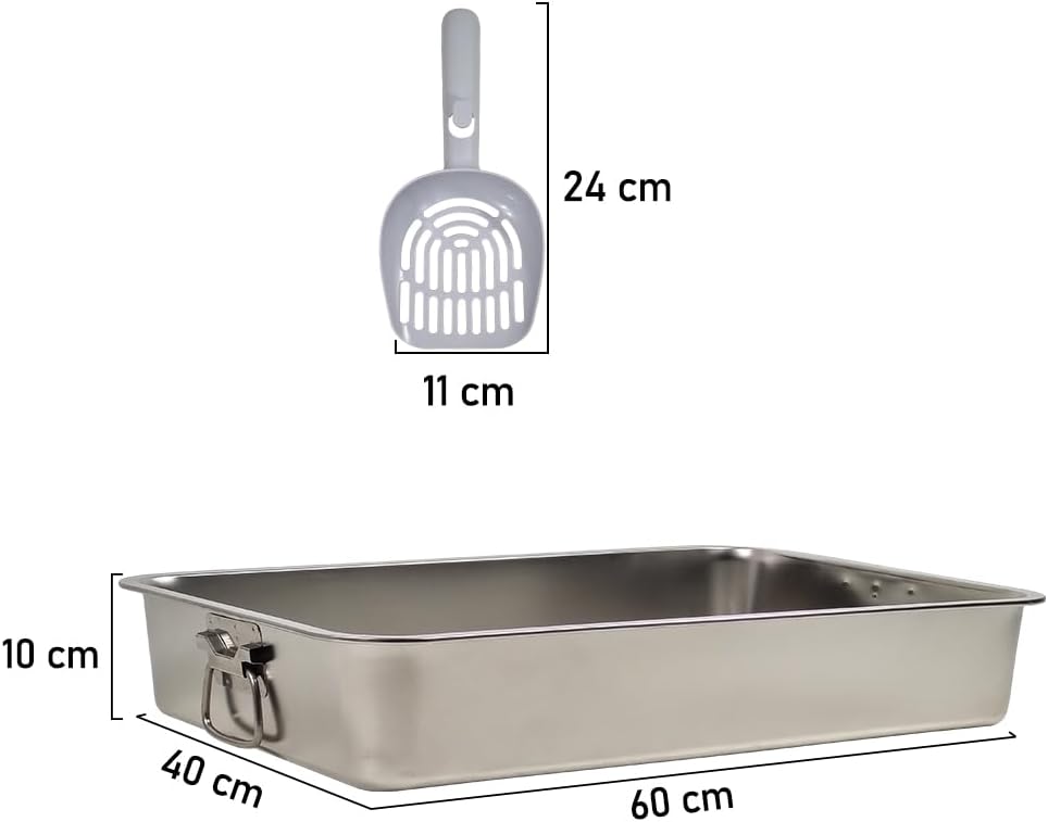 Stainless steel cat litter box with Carrying handle, Smooth edges, and Litter scoop, Rust & Stain resistant cat toilet for Large cats, Ideal for indoor/outdoor use, Easy to clean