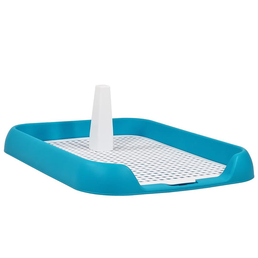 Flat dog toilet, Reusable dog potty trainer dog toilet tray with Pee guide post and Detachable grid design, Durable plastic pee pad holder for small to medium dogs, 45 cm (Blue-sky)