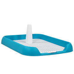 Flat dog toilet, Reusable dog potty trainer dog toilet tray with Pee guide post and Detachable grid design, Durable plastic pee pad holder for small to medium dogs, 45 cm (Blue-sky)