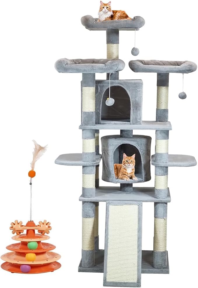 Multi-level cat tree tower with Cat turntable toy, Multiple perches, Dangling balls, Cozy cat condos, and Sisal scratching board, Sturdy indoor cat tree for cats and kittens, 163 cm (Grey)