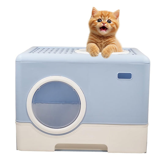 Fully enclosed cat litter box with Front entry & Top exit, Drawer-type, Litter scoop, and Sand filter holes, Odor-proof cat toilet for Indoor/Outdoor use, Easy to clean, 52 cm (Blue)