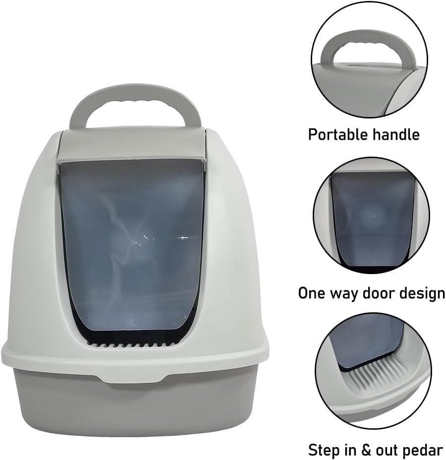 Fully-enclosed cat litter box with Portable handel, Flip cover entrance, Litter scoop, and Detachable design, Durable plastic cat toilet, Ideal for indoor/outdoor use, Easy to clean 38 cm