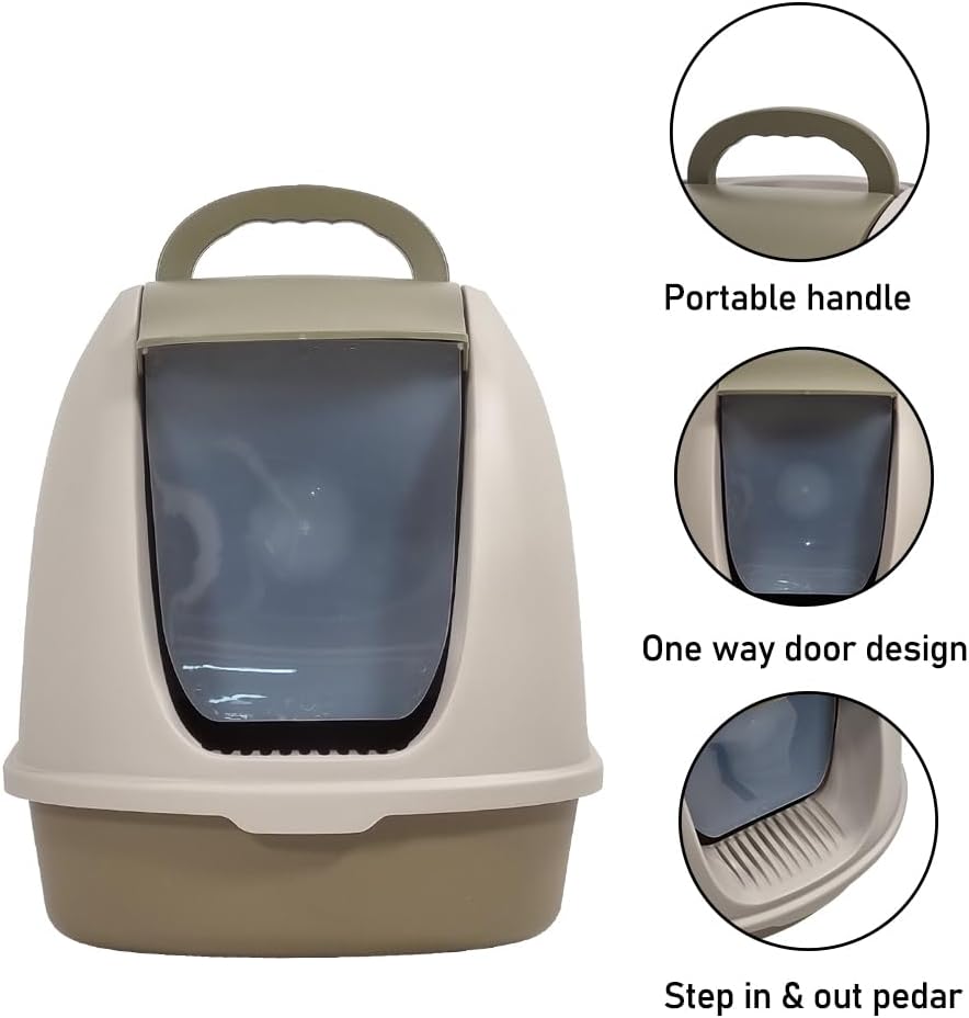Fully-enclosed cat litter box with Portable handel, Flip cover entrance, Litter scoop, and Detachable design, Durable plastic cat toilet, Ideal for indoor/outdoor use, Easy to clean 38 cm