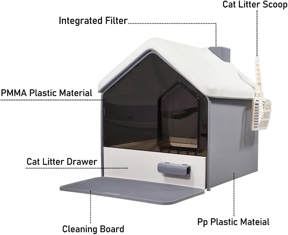 Cat Litter Box with House-Shaped Design - Drawer-Type, Transparent Door, Enclosed Cat Litter Scoop & Cleaning Mat – Splash-Proof & Odor-Control Cat Toilet Box, Easy to Clean