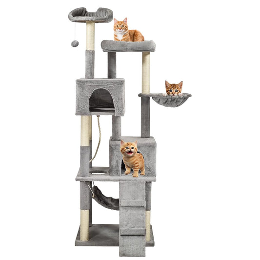 Multi-level cat tree with Double perches, Sisal scratching post, Cozy hammock, Cozy cat condo, and Climbing ladder, Durable climbing tower for indoor cats, Easy to assemble 182 cm (Grey)