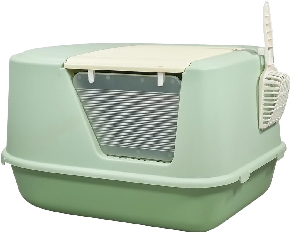 Enclosed cat litter box for Indoor cats & kittens, Durable plastic cat litter box with Transparent door, Litter scoop, and Sand drop pedal, Splash-resistant cat toilet, Easy to clean 65 cm