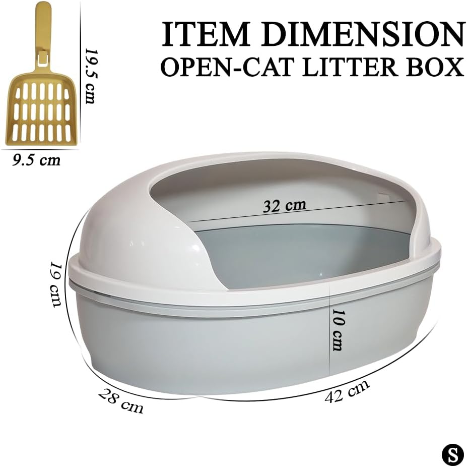 Semi open cat litter box with Durable plastic material, Splash guard, Stable base and Air ventilation design, Pet waste tray with Scoop, high fence, Indoor-outdoor use, and Detachable