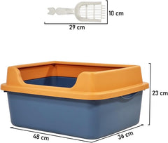Semi-enclosed cat litter box with Low entrance, Raised fence, Portable handle, and Litter scoop, Durable plastic cat toilet prevents splashing, Ideal for indoor cats & kittens 48 cm (Blue)