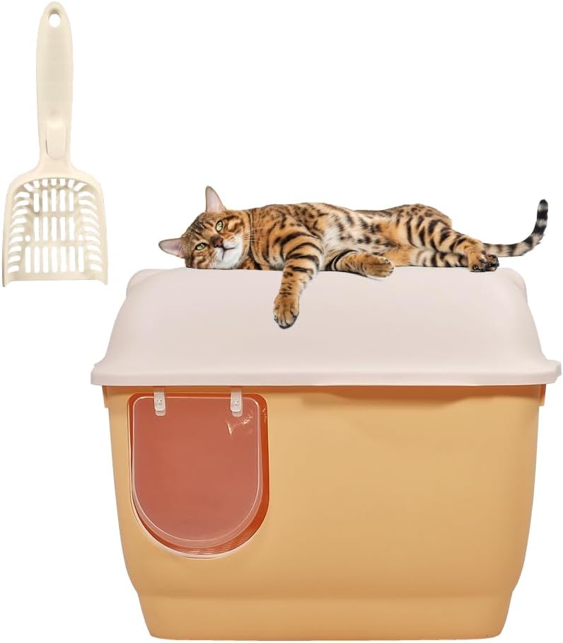 Fully-enclosed cat litter box with Corridor entry & exit, Transparent door, Litter scoop, and Open-top design, Splash-proof cat toilet for Indoor cats & kittens, Easy to clean 57 cm