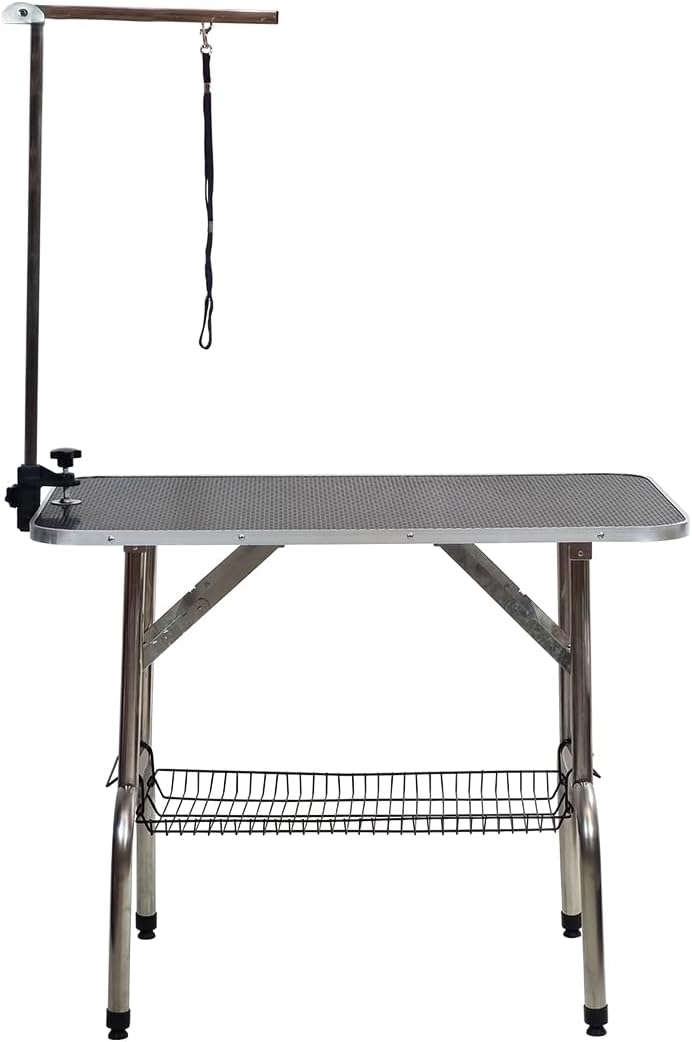 Foldable Pet Grooming Table with Non-slip surface, Folding crossbeams, and Portable Beauty station for small to medium pets, Space saving design, Storage Basket, Adjustable Arm & Noose, 152 cm (Black)
