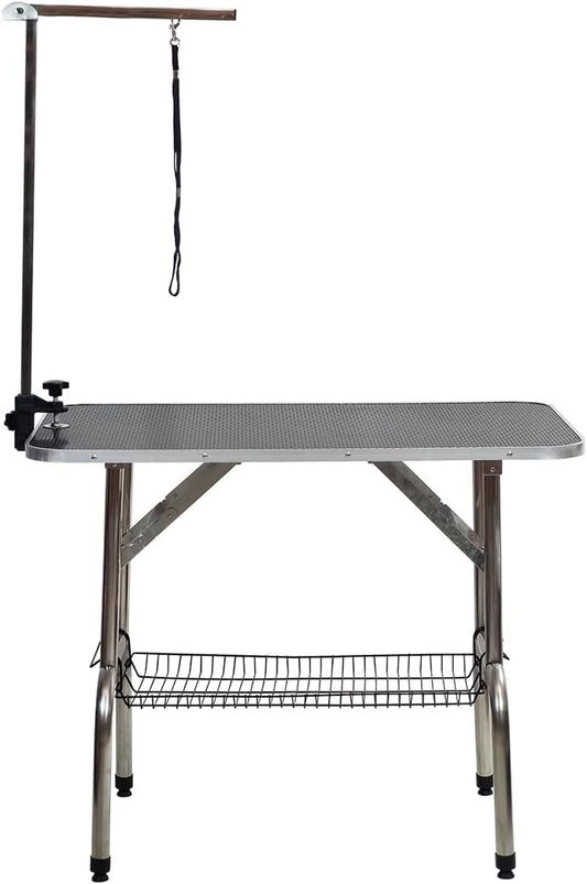 Foldable Pet Grooming Table with Non-slip surface, Folding crossbeams, and Portable Beauty station for small to medium pets, Space saving design, Storage Basket, Adjustable Arm & Noose, 152 cm (Black)