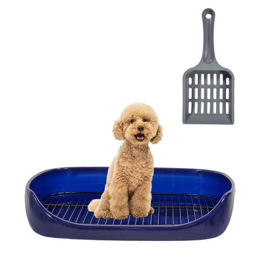 Dog toilet for small to medium breeds, Splash-proof plastic pet toilet with Stainless steel grid, Raised fence, and Litter scoop, Ideal for indoor/outdoor use, Easy to clean, 47 cm (Blue)