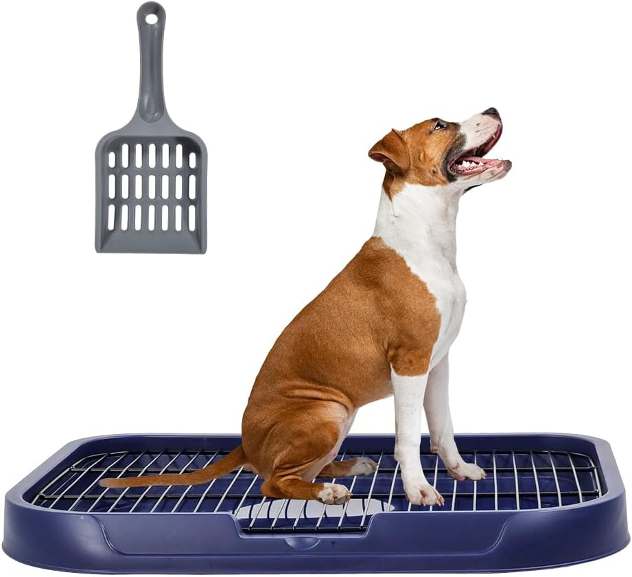 Dog toilet tray with Litter scoop, Carry handle, and Detachable stainless steel grid, Leak-proof pet training tray for small to medium dogs, Dog toilet keeps paws and floor clean 54 cm (Blue)
