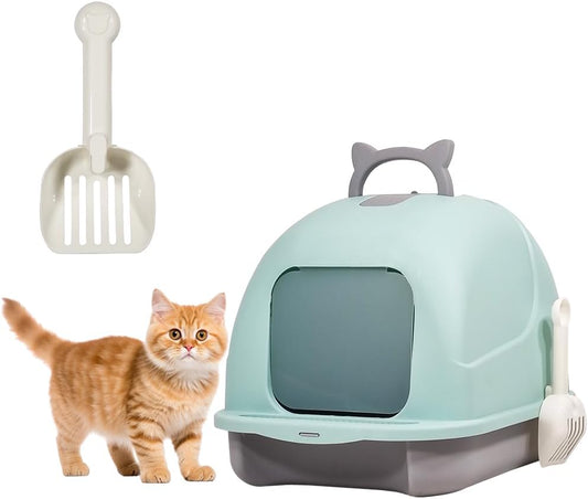 Fully-enclosed cat litter box with Portable handle, Deodorant filter, Sand drop pedal, and Cat litter scoop, Durable Plastic cat toilet, Ideal for indoor/outdoor use, Easy to clean 48 cm