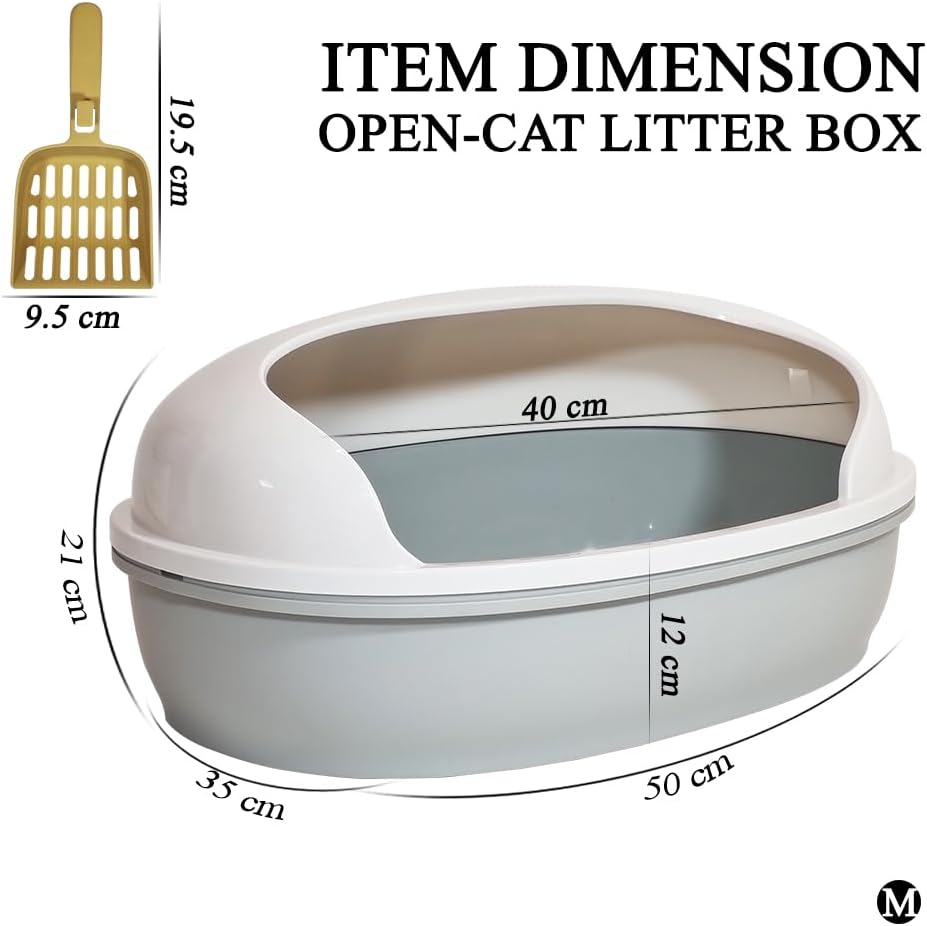 Semi open cat litter box with Durable plastic material, Splash guard, Stable base and Air ventilation design, Pet waste tray with Scoop, high fence, Indoor-outdoor use, and Detachable