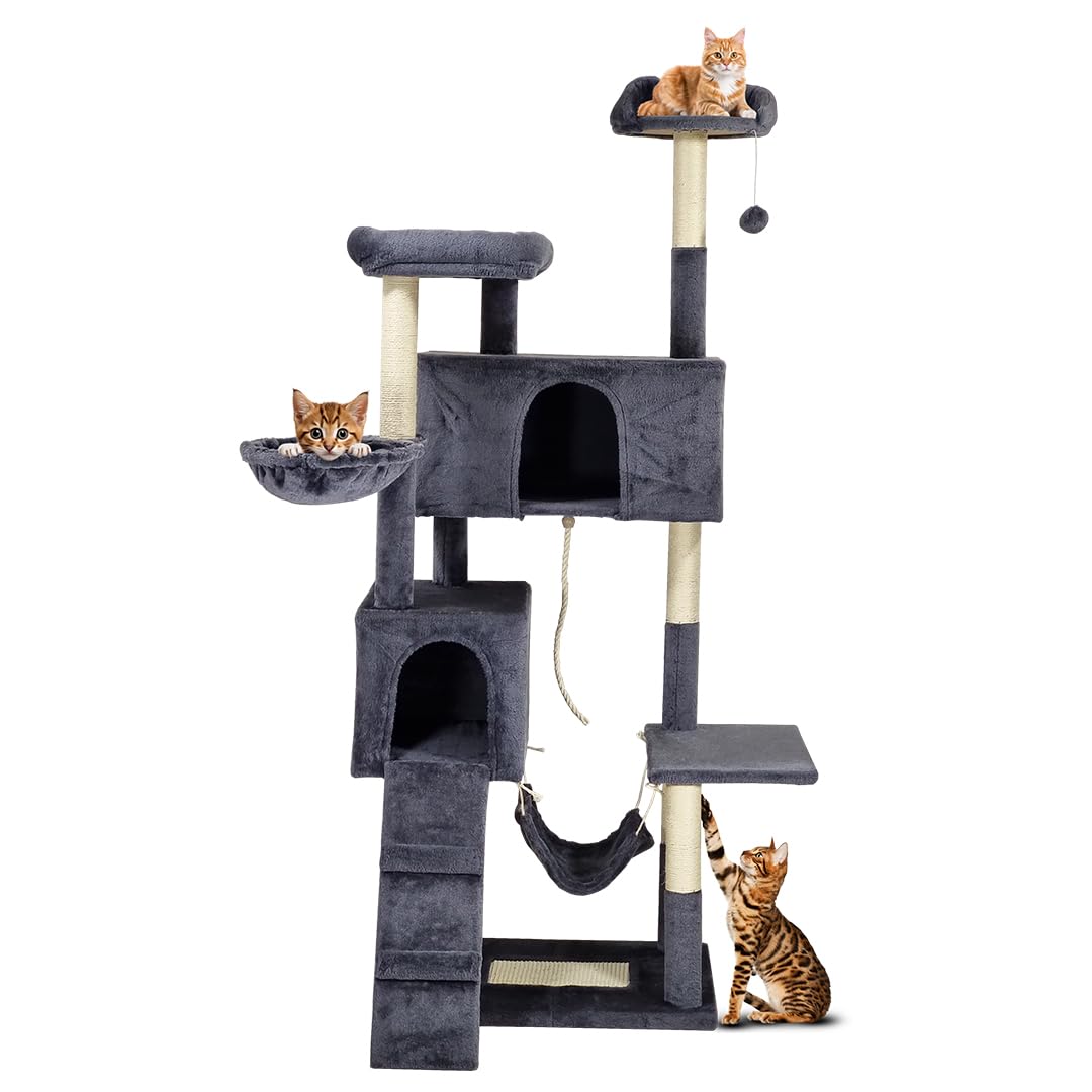 Cat tree, Multi-level cat tree tower with Padded perches, Dangling ball, Sisal scratching post, Double cat condo, Cozy hammock, and Climbing ladder, Ideal for indoor cats 180 cm (Dark-grey)