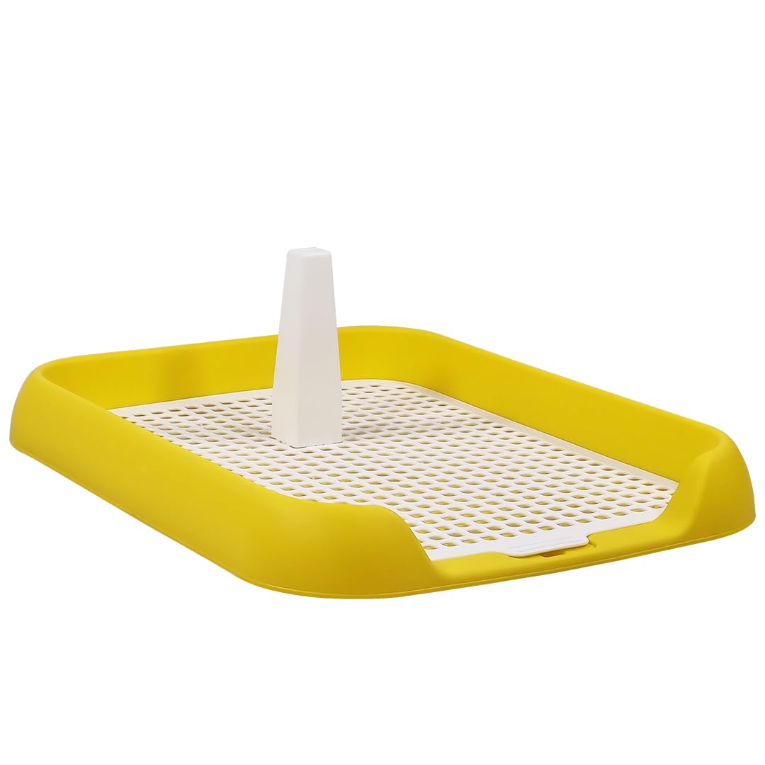 Flat dog toilet, Reusable dog potty trainer dog toilet tray with Pee guide post and Detachable grid design, Durable plastic pee pad holder for small to medium dogs, 45 cm (Yellow)
