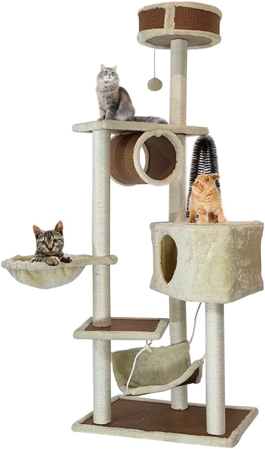 Multi-level cat tree tower with Perch, Dangling ball, Sisal scratching post, Cat tunnel, Cozy hammock, Durable cat condo, and Large hammock, Cat tree activity center for indoor cats 156 cm (Beige)