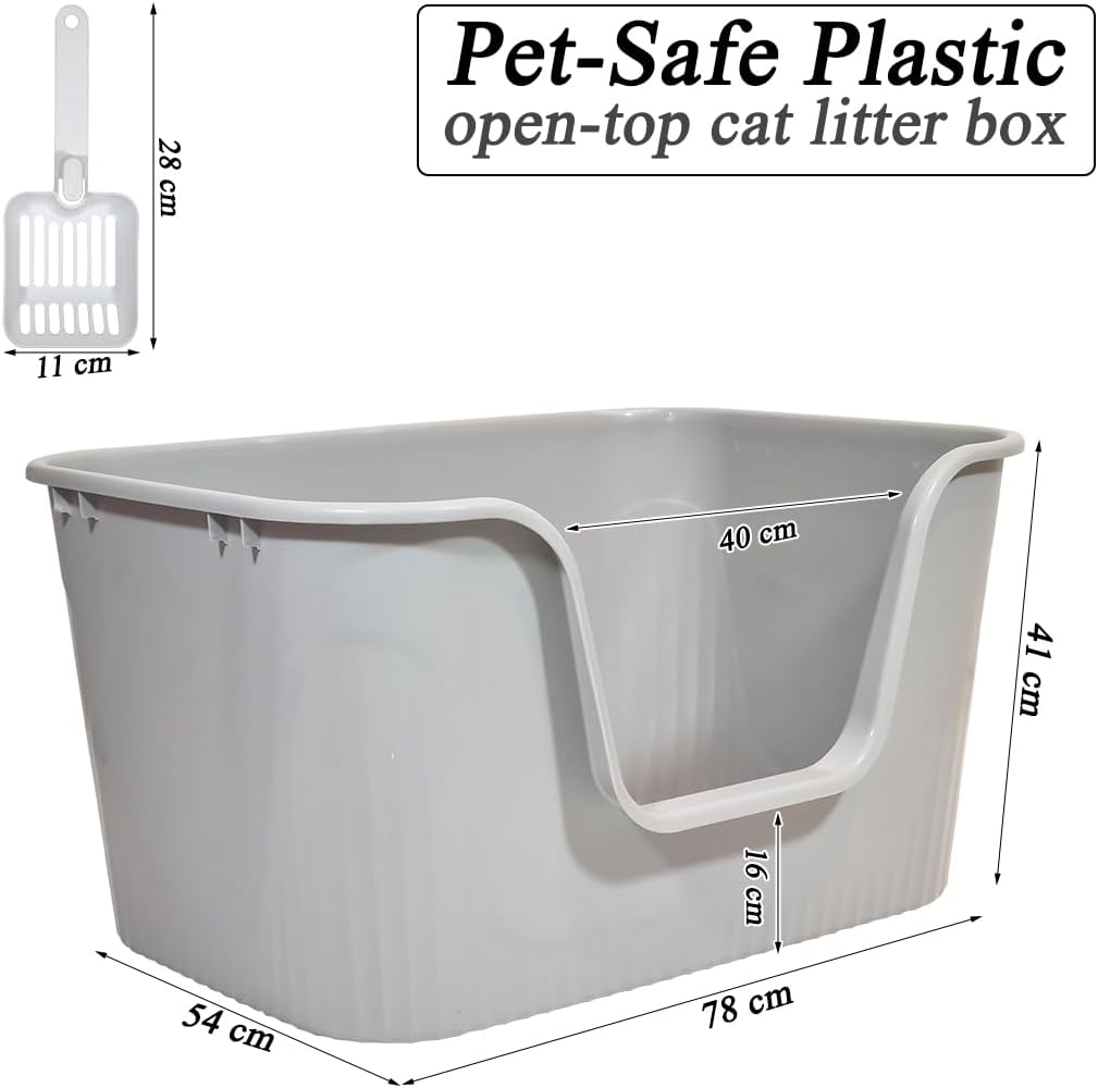 Cat litter box with Extra-large design, Deep high walls, Litter scoop and Low entrance, 78 cm Spacious cat toilet with Odor control, Anti-splash, Durable plastic and Non-stick, Easy to clean