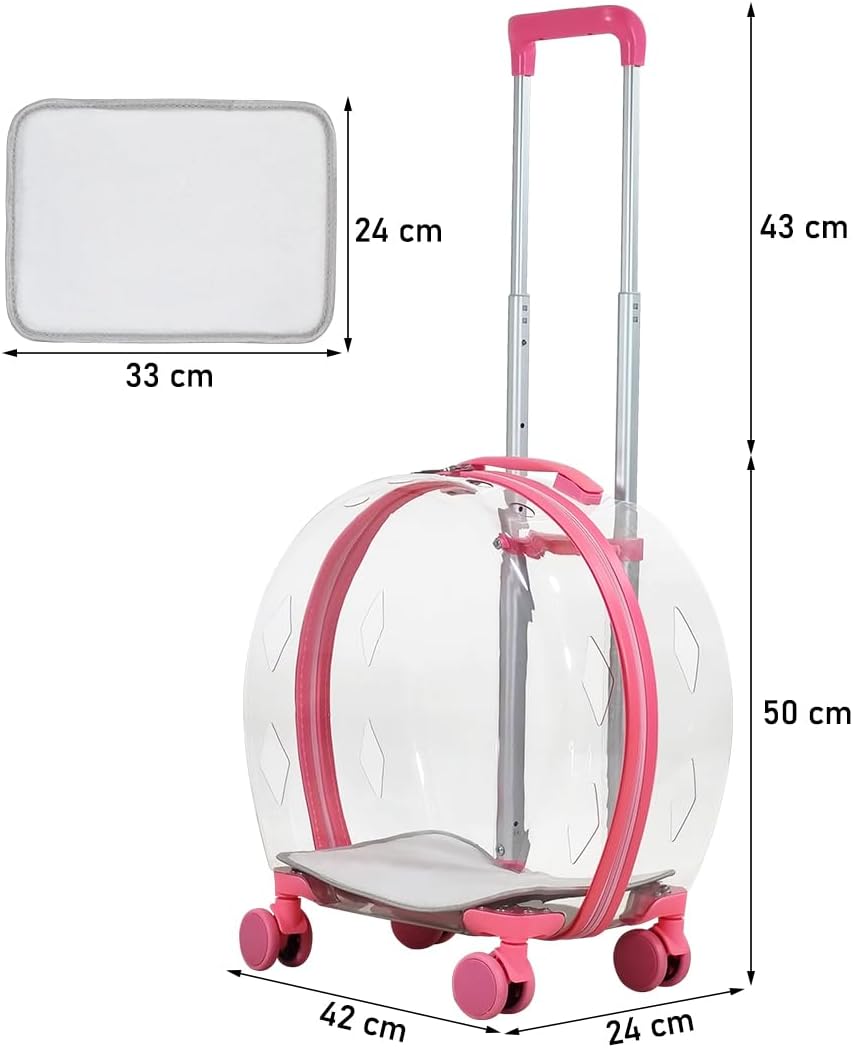 Transparent pet carrier for cats and dogs, Pet stroller with Telescopic handle, Durable zipper, Ventilation holes, and Rolling wheels, Suitable for outdoor activities, 93 cm
